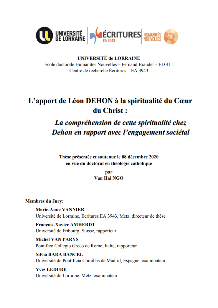 Hai Ngo. L’apport de Léon Dehon à la spiritualité du Coeur du Christ : la compréhension de cette spiritualité chez Dehon en rapport avec l’engagement sociétal, Religions. Université de Lorraine, 2020